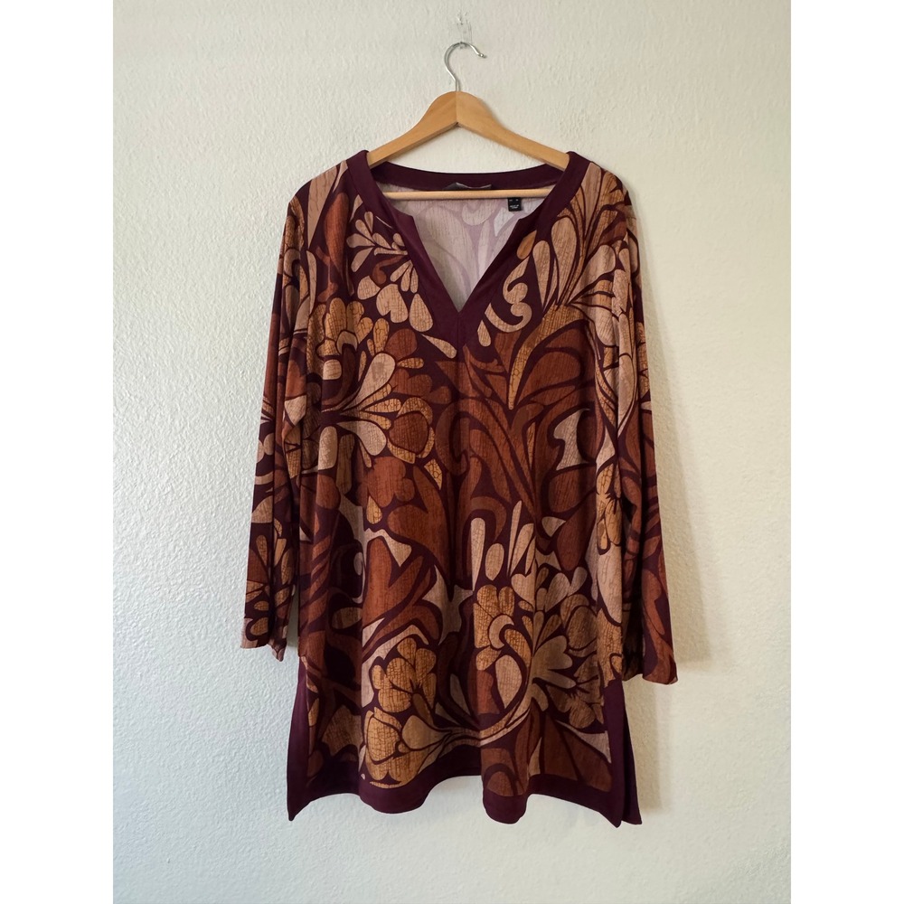 Dennis by Dennis Basso Tunic Top Abstract Floral V-Neck XL Brown Maroon Exc